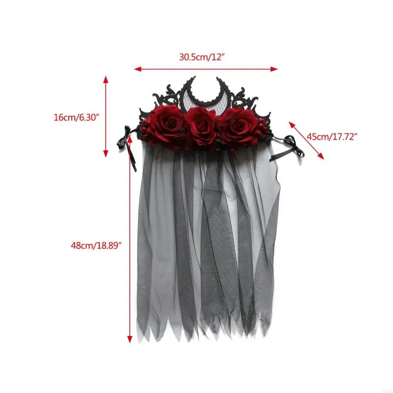 652F Day of the Death Headband Black Veil Gothic Headwear Halloween Baroque Hair Accessories