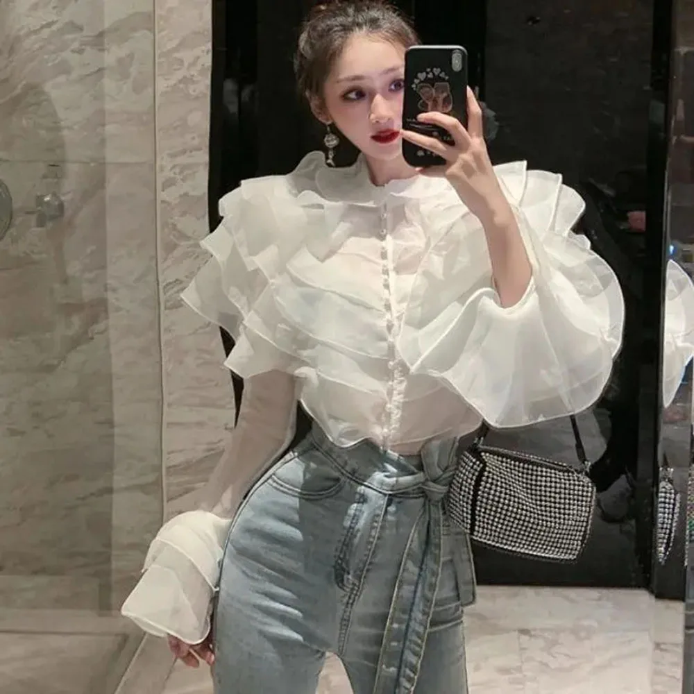 

France Autumn Women's Layer Ruffle Shirts Fashion Female Flare Sleeve Patchwork White Tops Lady Elegant Perspective Chic Blouses