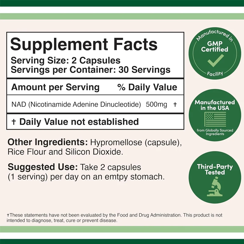 NAD supplement (500mg per serving, 95% pure NAD+) NAD booster similar to nicotinamide nucleoside (vegetarian, non GMO)