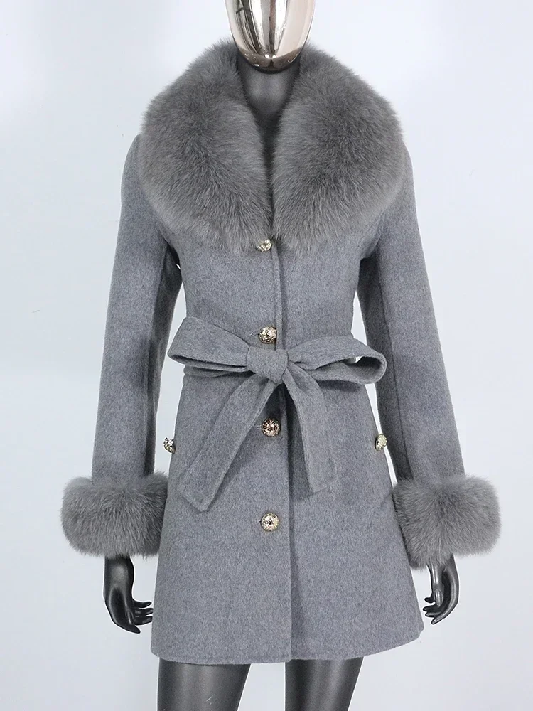2024 Winter Real Fur Coat Natural Fox Fur Collar Jacket Women Cuffs Belt Cashmere Wool Woolen Outerwear Fashion Streetwear