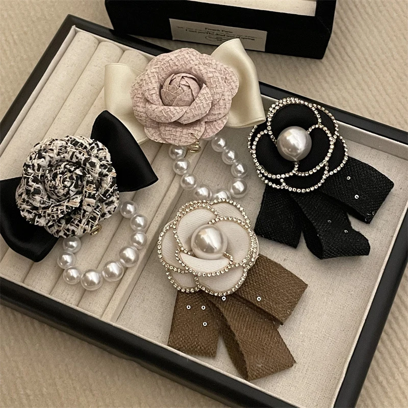 1PC Small Fragrant Shiny Bead Bow Camellia Brooch Black Mourning Bow Tie Brooch