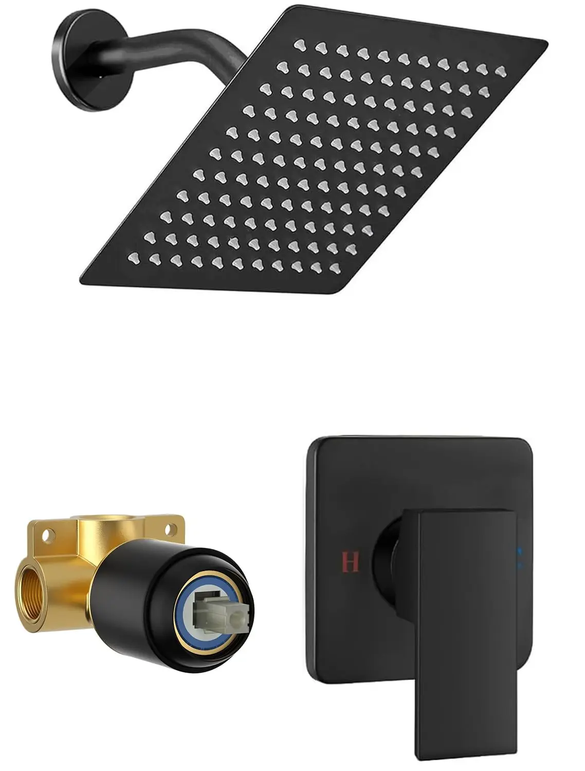 

Black 8 Inch Square Wall Mounted Rainfall Shower Set With Rough-In Valve Modern Bathroom Trim Kit