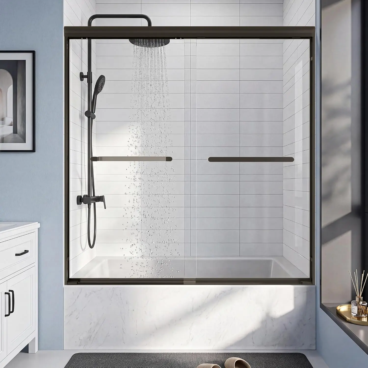 56-60x60 Inch Semi-Frameless Double Sliding Shower Door with Anti-Rust SGCC Steel Frame,1/4 Inch (6mm) Clear Tempered Glass for