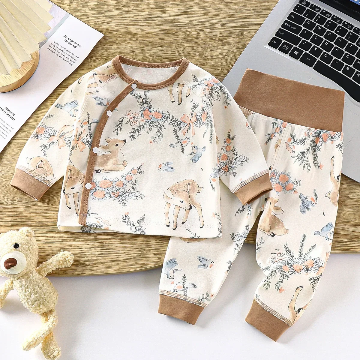 Newborn Boys Girls Pure Cotton Warm Pajamas Cute Cartoon Print Long Sleeve Pyjamas Toddler Baby Autumn Sleepwear Clothing Sets