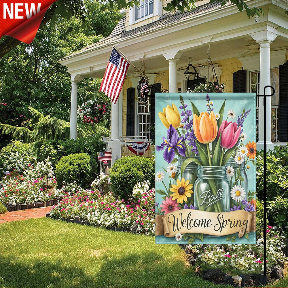 

1PC, Welcome Spring Floral Garden Flag Ball Jar Tulip Iris Daisy Outdoor Decorative Yard Banner