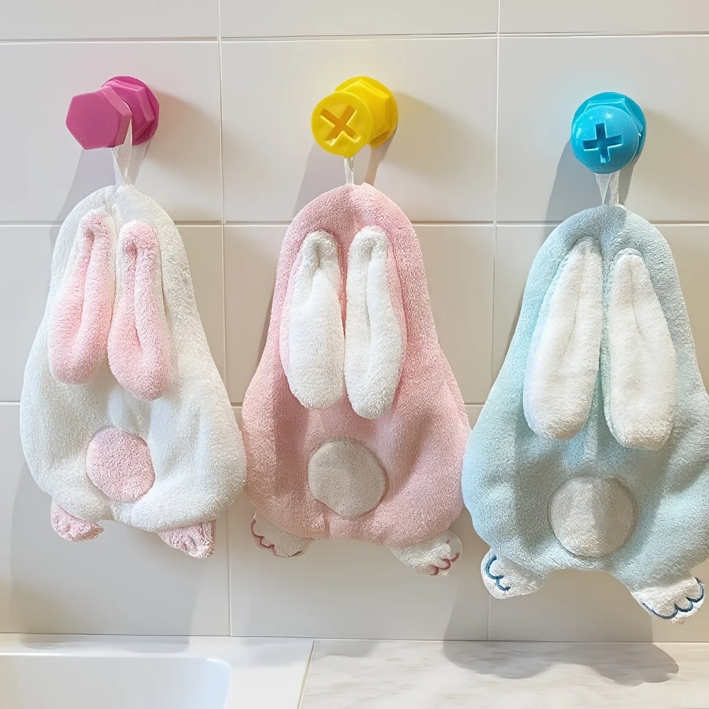 Soft Coral Fleece Hand Towel,Cute Rabbit Pattern,Thick and Absorbent Material,Hanging Hand Towel,Bathroom and Kitchen Towel.