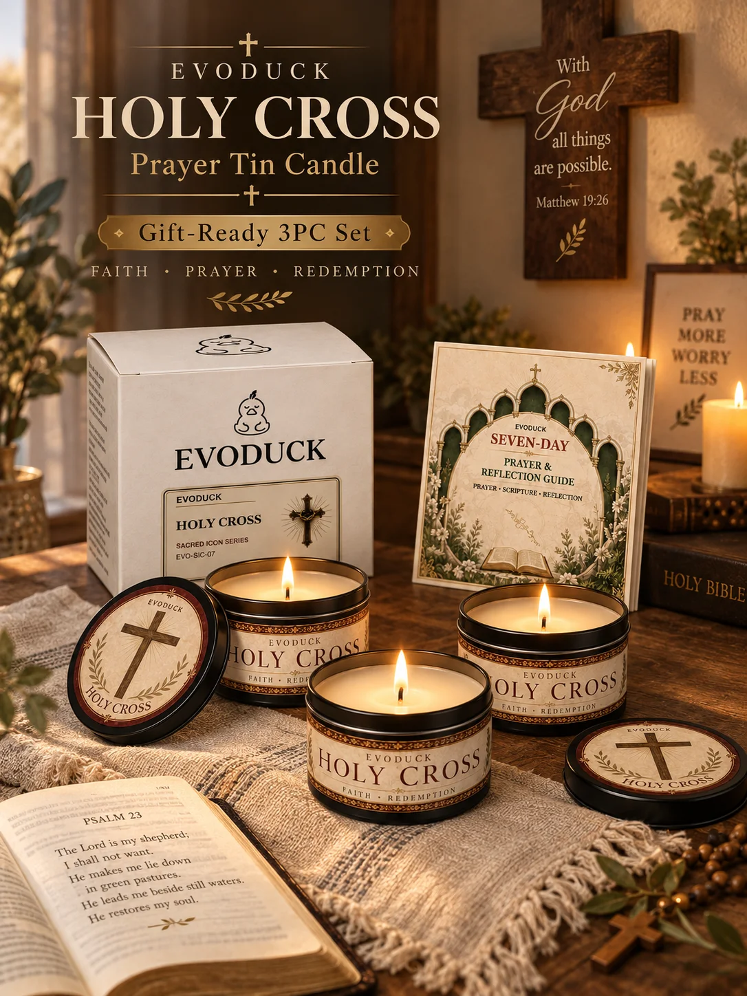 Holy Cross Candle 3pcs Black Tin Christian Cross Prayer Scented Candles with Prayer Guide Gift Ready Box Faith Redemption Catholic Devotional Religious Home Decor Easter Lent Church Gifts for Pastor Men Women Bible Study Group