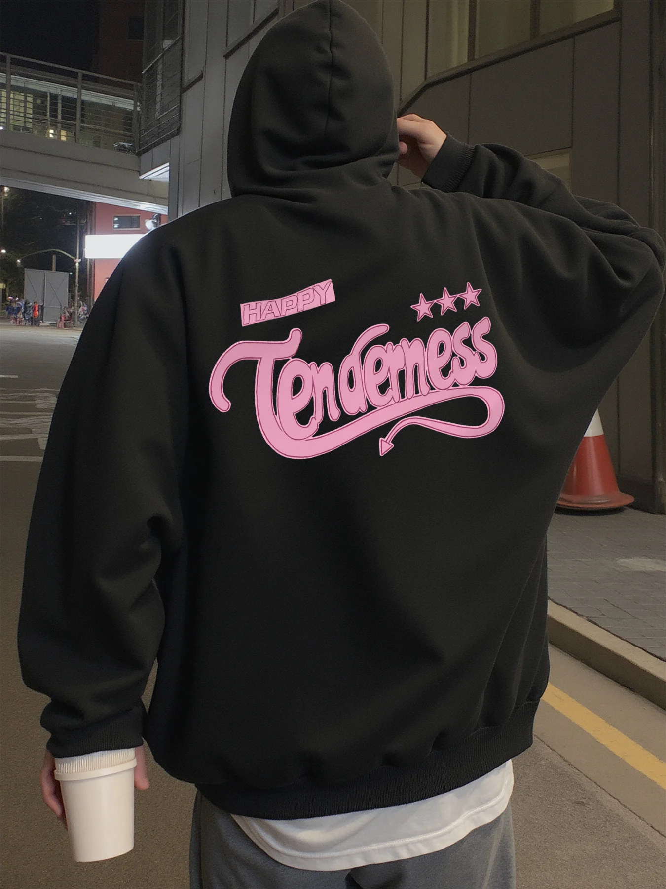 Hoodie for Men, Streetwear, Pink Print, "Happy Tenderness" Graphic Hoodies for Men, Suitable for Wearing in Spring, Autumn, and Winter