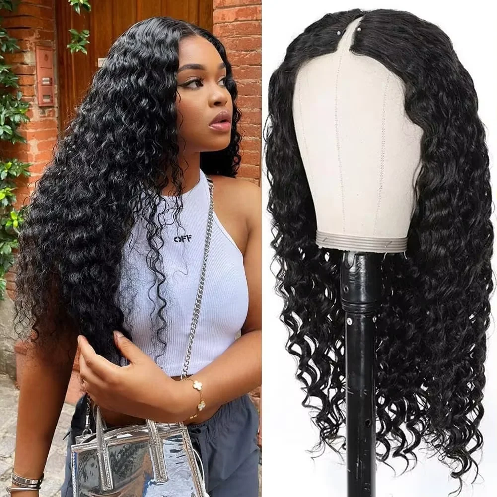 200 Density V Part Wig Kinky Curly Upgraded 32 inch Natural Color Human Hair Deep Wave Wig Full Machine Made Wig For Black Women