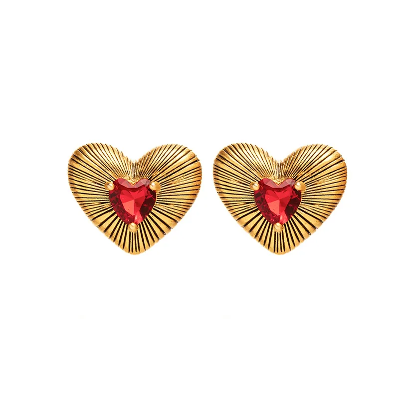 

ArLea Heart-Shaped Metal Stud Earrings Set with Red Gems S925 Sterling Silver Needle 18K Gold Plated Fashion Jewelry Best Gifts