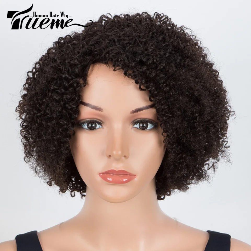 Trueme-Perruque Bob Brésilienne Naturelle avec Frange, Cheveux Crépus Bouclés, Noirs, Ombrés, Balayage Brun, 180% de Densité, pour Femme