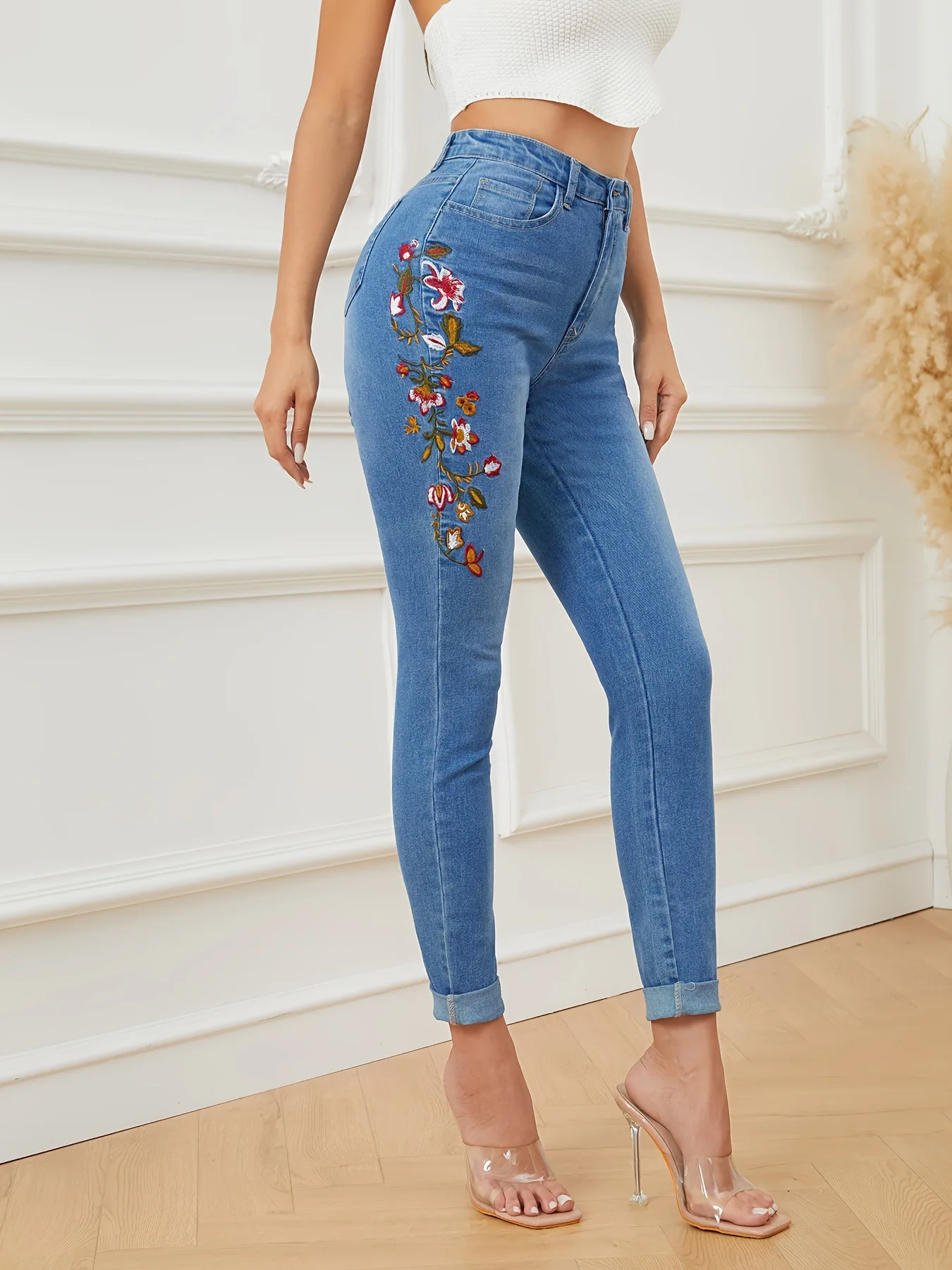 2024 Spring New Fashion High Stretch Embroidered Jeans for Women Casual Skinny Ankle-Length Denim Pencil Pants High Waist Jeans