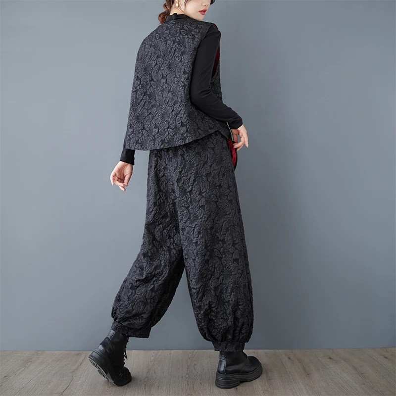 Casual Artistic Vintage Floral Embroidery Asymmetrical Loose Women's Vest High Waist Trousers Two-Piece Set Faionable Ensemble