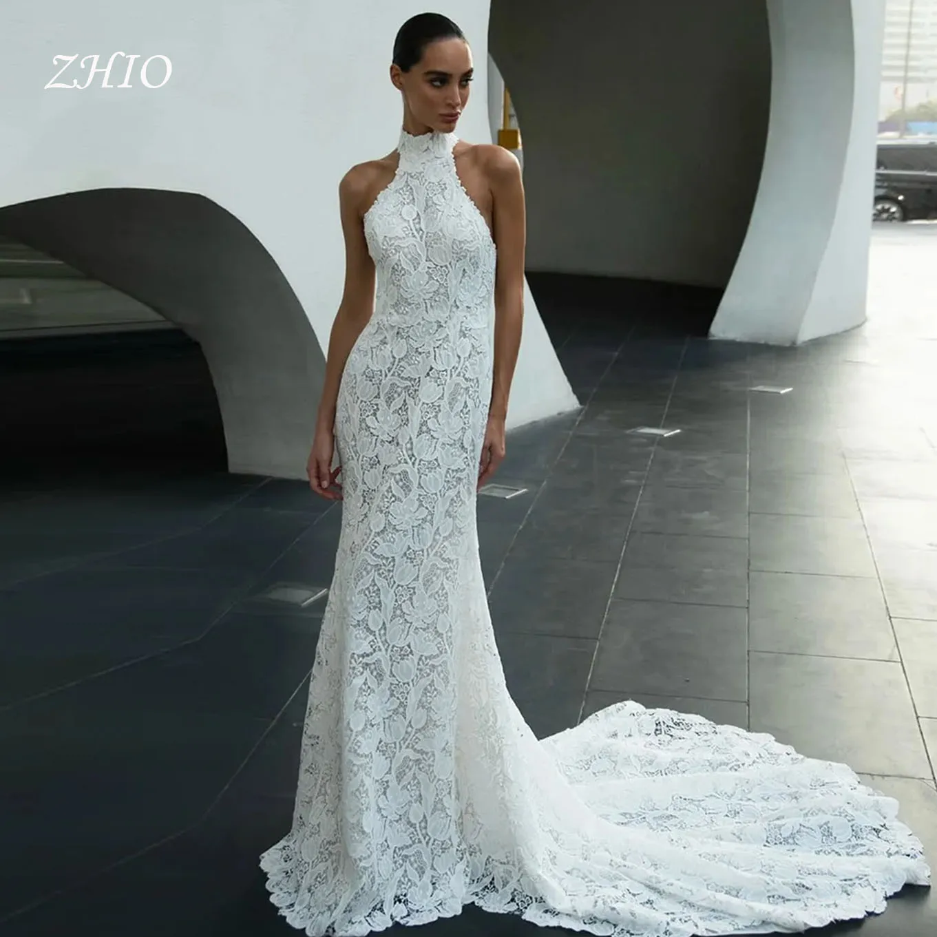 Zhi personalizado halter sem mangas rendas sereia vestido de casamento sem costas zíper longo trem espartilho vestidos de noiva novia