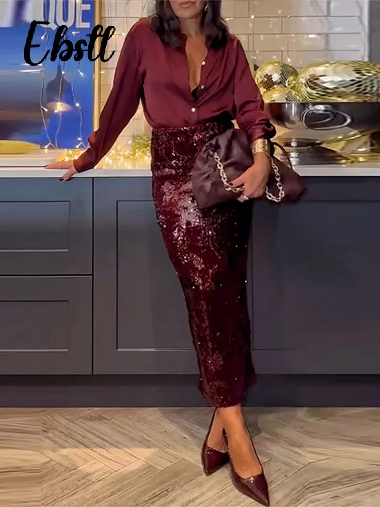 2025 Moda Cekinowa Spódnica Koszula Zestawy Kobiety Długi Rękaw Guziki Koszule Wysoka Talia Dzielone Spódnice INS Wiosna Eleganckie Stroje Damskie