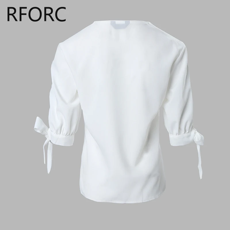 2023 Women Half Long Sleeves Lace Hem Beading Decoration Hollow Out White Blouse Shirt Top