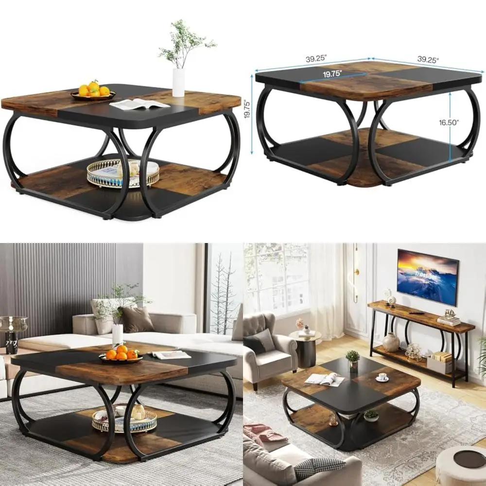 

40-дюймовый двухъярусный журнальный столик с полкой для хранения, деревянной столешницей в стиле фермерского дома и прочным металлическим каркасом