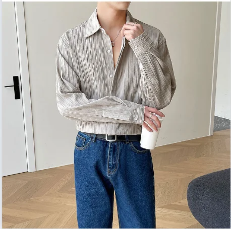 

Autumn Winter New Fashion Temperament Trend Simple Blouse Male Korean Fold Design Shirt Man Solid Color Loose Casual Gentmen Top