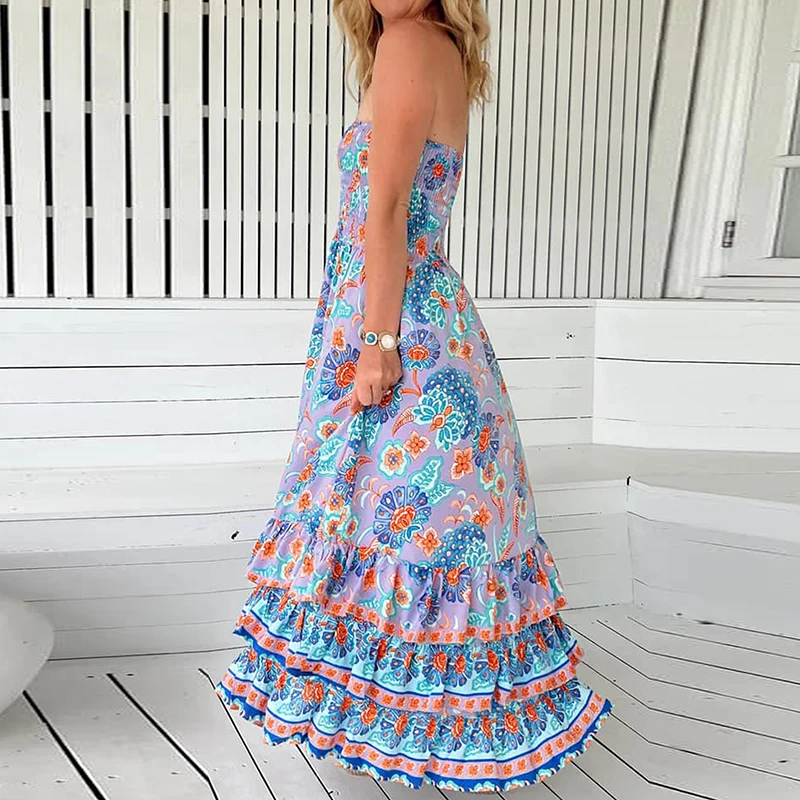 Sexy feminino fora do ombro bolo vestidos casuais cintura alta babados vestido de festa 2025 verão novo boêmio impresso longo vestido em camadas