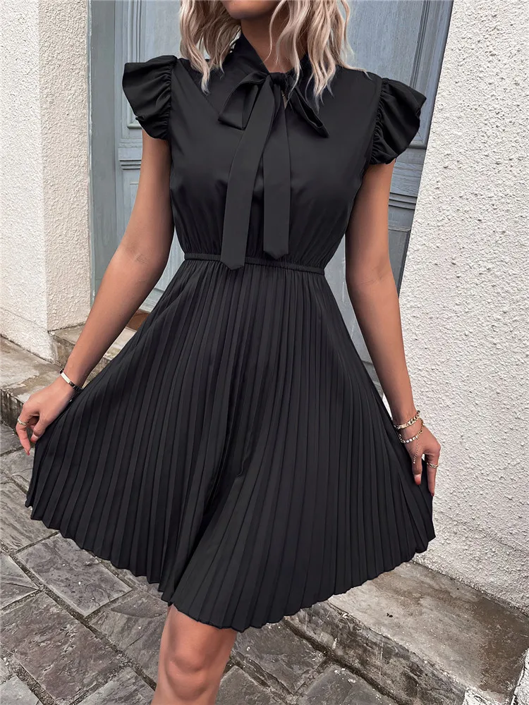 Msfilia Women Summer Elegant Bow Collar Pleated Dress Lace Up High Waist Large Fold Ladies Solid Color Dresses