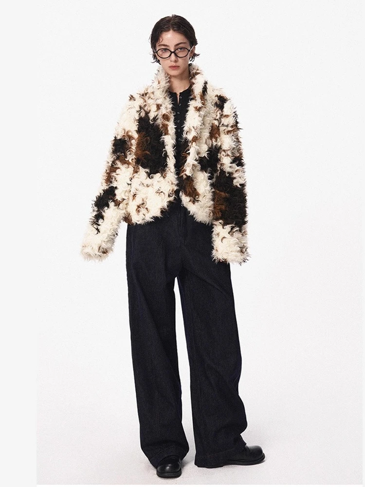 Patchwork revers beige nepbont jas Slanke nepwollen harige jas Pluizig Stijlvolle luxe elegante pluche jas Warme dikke bovenkleding