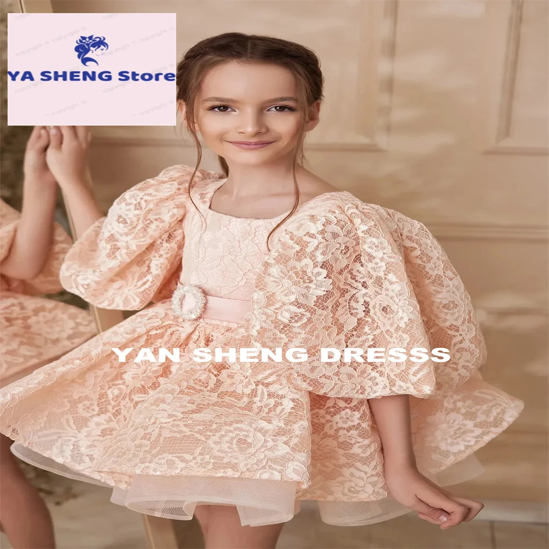 Customized Lace Tulle Flower Girl Dress Mini Puffy Short Sleeve Toddler Infant Princess Kid Pageant Gown Birthday Holiday Dress