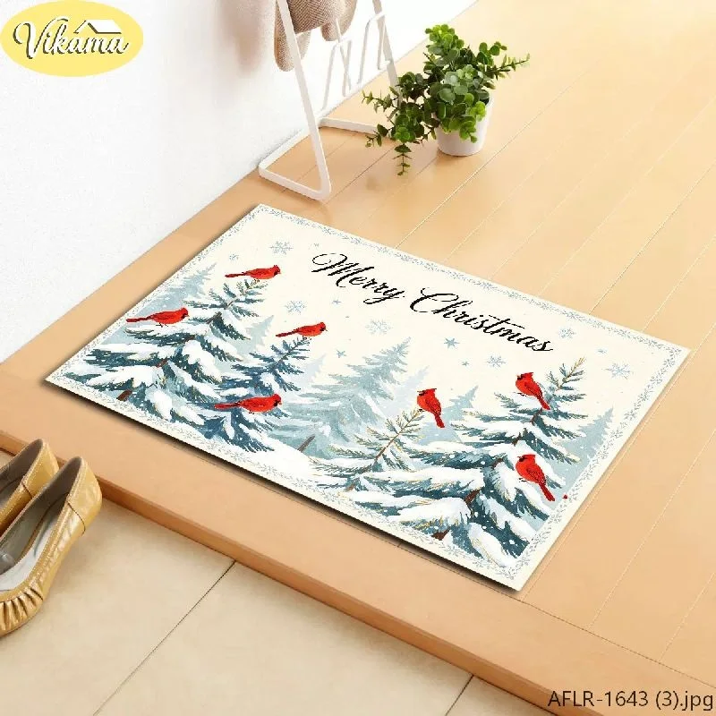 VIKAMA Typographic & Christmas Tree Flannel Door Mat, Non-Slip Washable Xmas Mat, Decor for Front Door Entryway Kitchen Bedroom