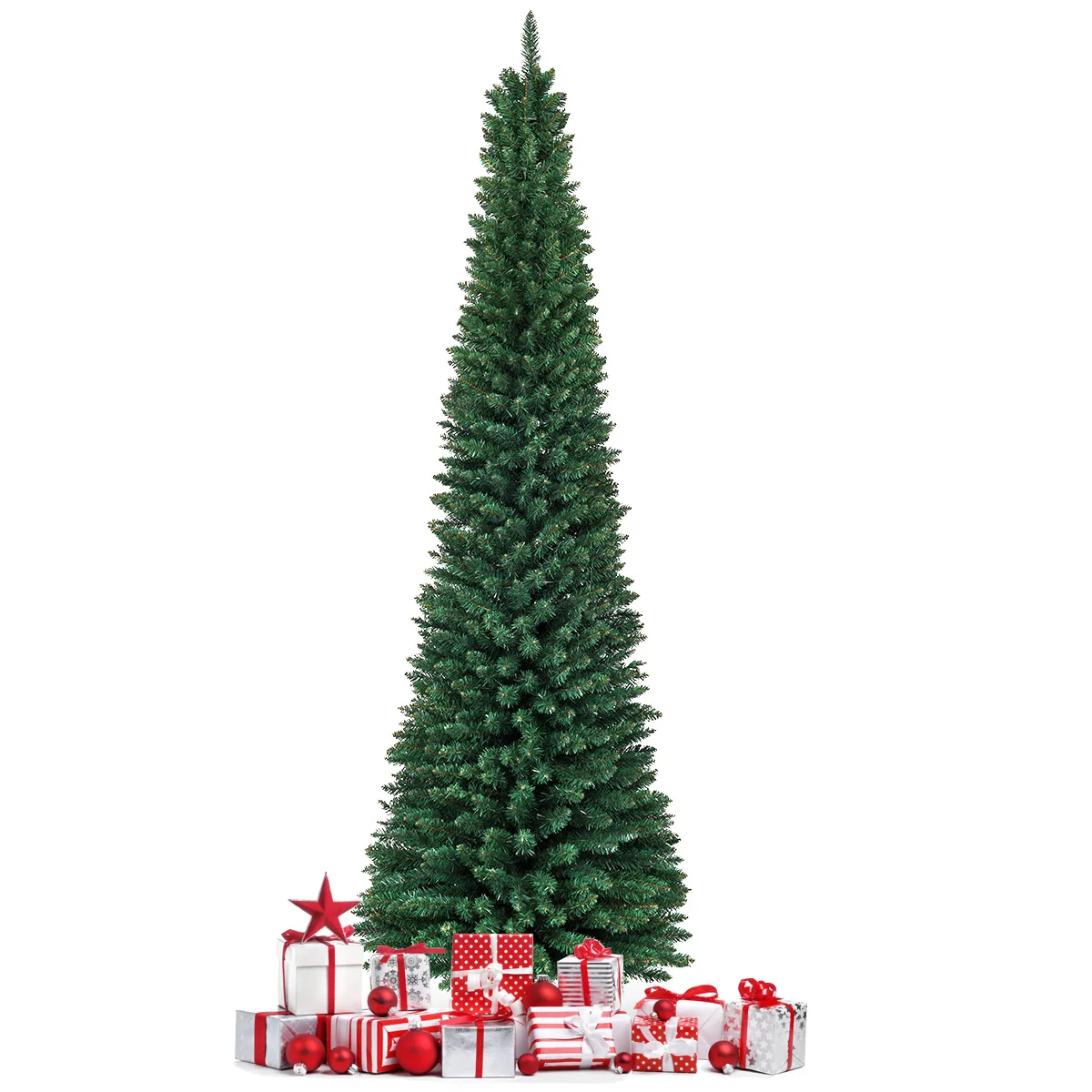 8Ft PVC Artificial Slim Pencil Christmas Tree w Stand Indoor Holiday Decor Green