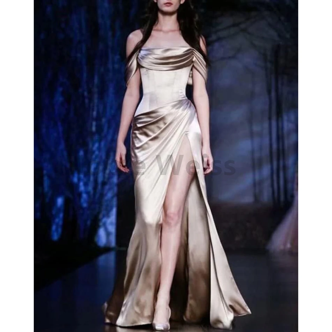 Elegant Off Shoulder Mermaid Satin Ball Gown Pleated Evening Dress Trumpet with Slit Customize