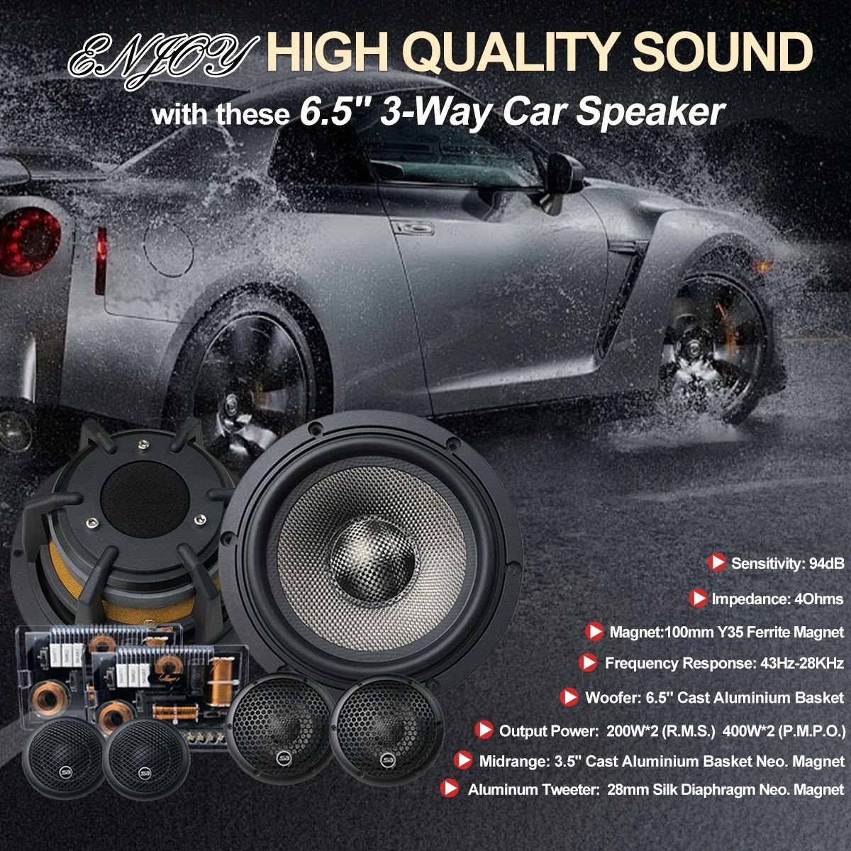 New Arrival 6.5 Inch Car Speaker Set HiFi Model Car Stereo Midrange Audio Component Car Speaker 3-Way Coaxial Speaker 6.5 Inch