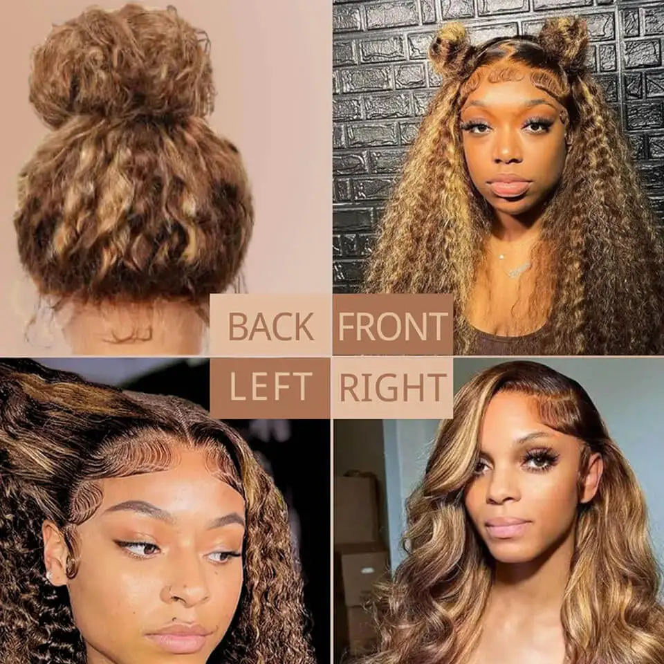 Peruka typu lace front 360 z włosów naturalnych, 30 cali, odcień 427 Highlight Omber, z ukrytym paskiem, głęboka fala, peruka full lace frontal HD, wstępnie wyskubana, kręcona.
