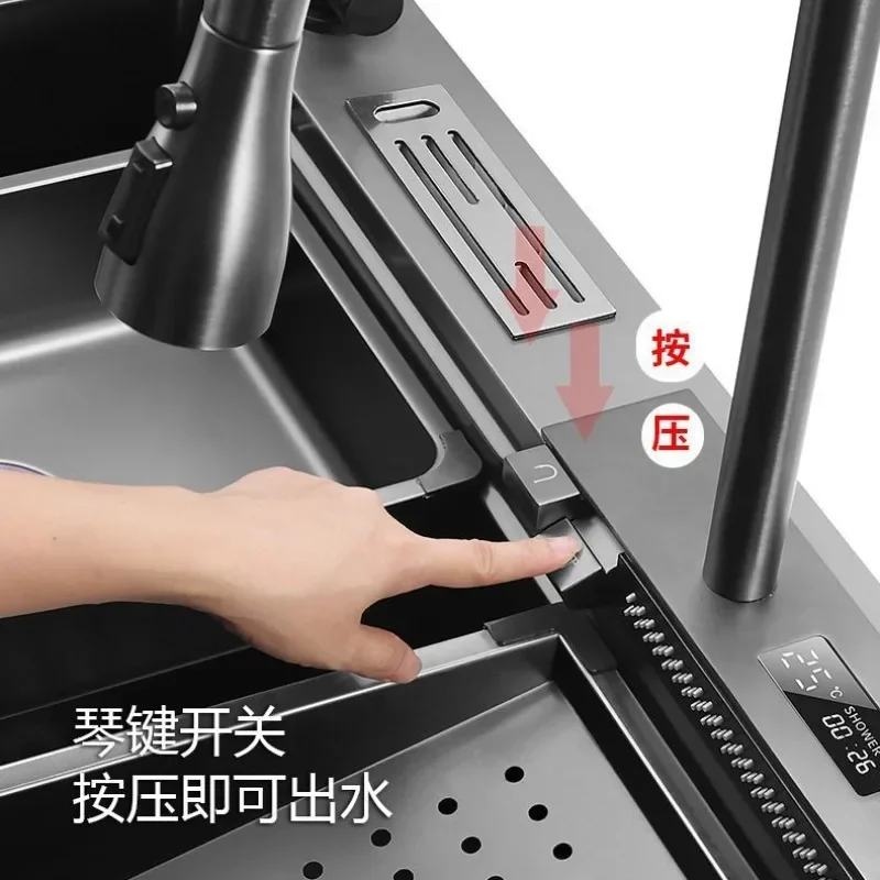 Kitchen Sink 304 Stainless Steel Large Single Sink Digital Display Shark Waterfall Sink Dishbasin