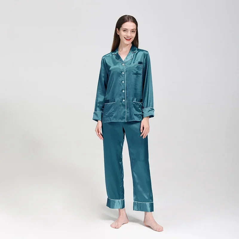 25 Momme 100% Silk Women's Pajamas Set Sleepwear Long Sleeve Trousers Pijama Two Piece Suit Solid Loungewear Cardigan Homewear