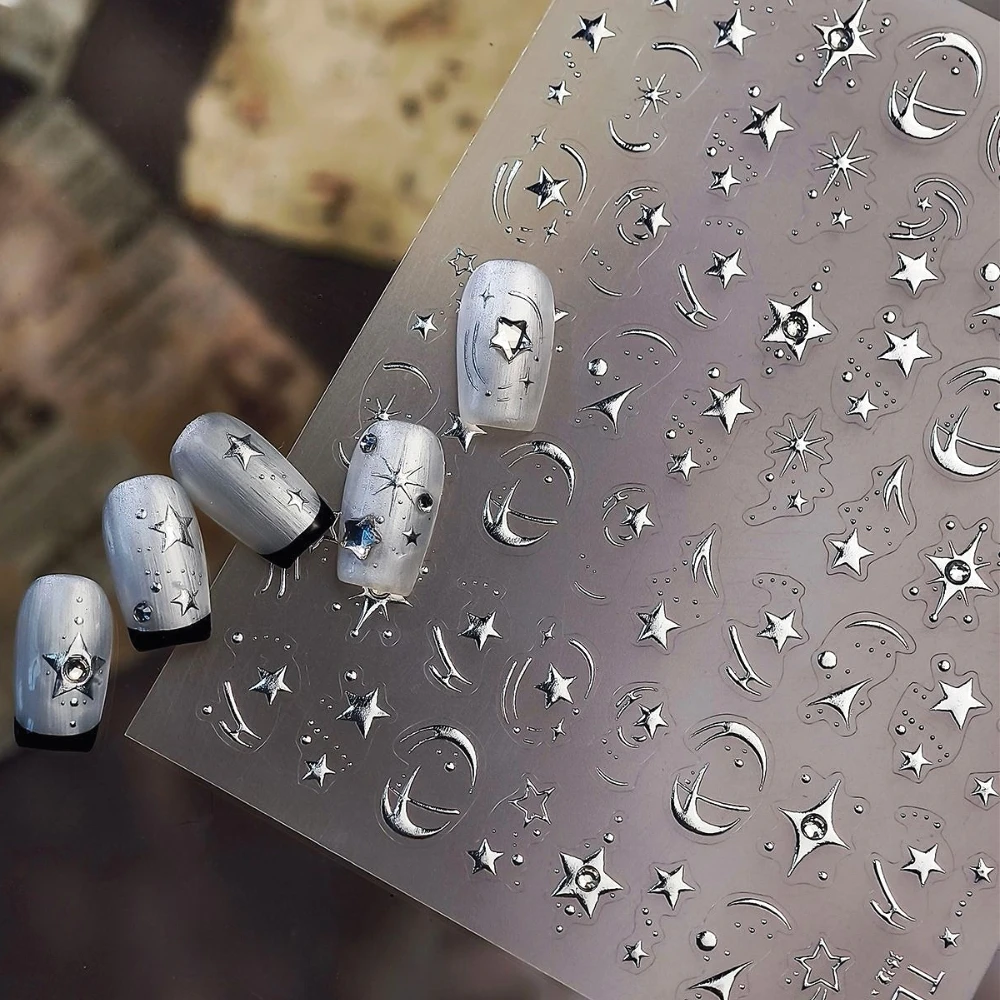 

Silver Stamped Stars Moon Meteor 3D Self Adhesive Nail Art Decorations Stickers Shiny Rhinestone Manicure Decals Wholesale