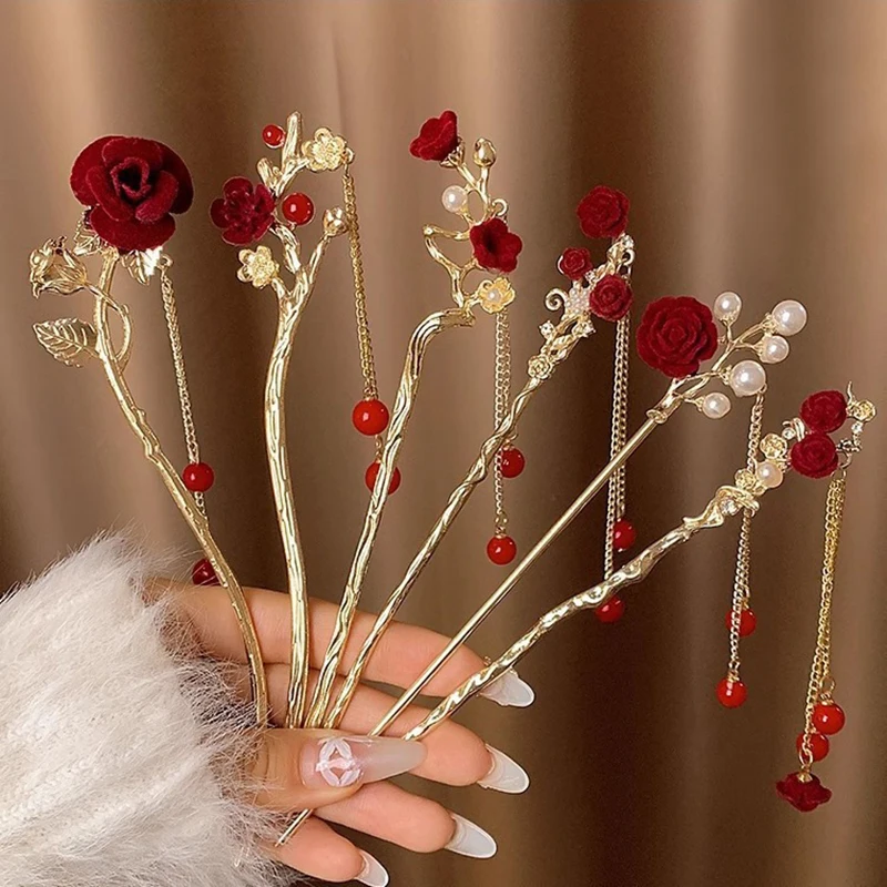 Red Rose Tassel Hair Sticks Women Antique Pearl Hairpin Female Hair Fork Pan Hair Chopsticks Headdress Valentine's Day Gift