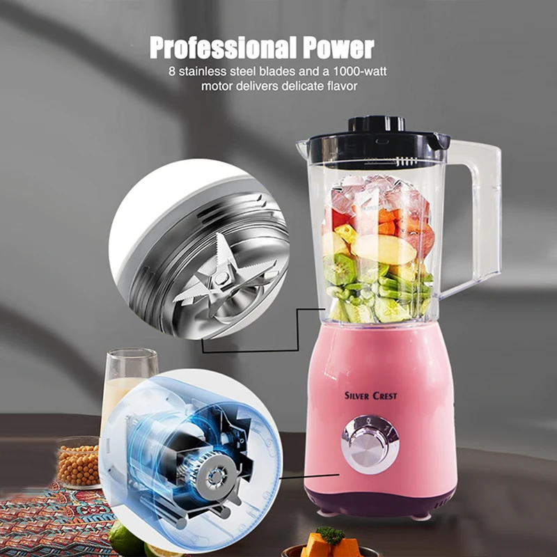 1.5L Electric Blender Pink Fruit Juicer Upgrade 1000W Shakes and Smoothies Blenders for Kitchen 2-Speed for Crushing Ice