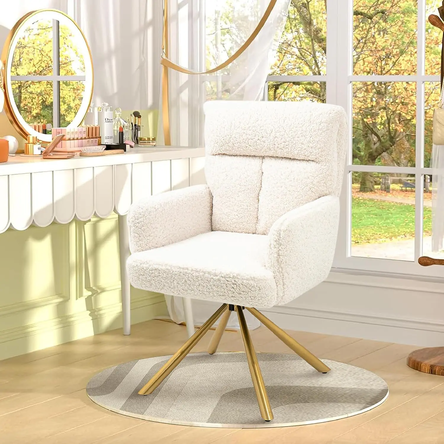 

Office Chair No Wheels Upholstered Teddy Vanity Chair with Back and Gold Metal Legs Criss Cross Home Office Desk Chair