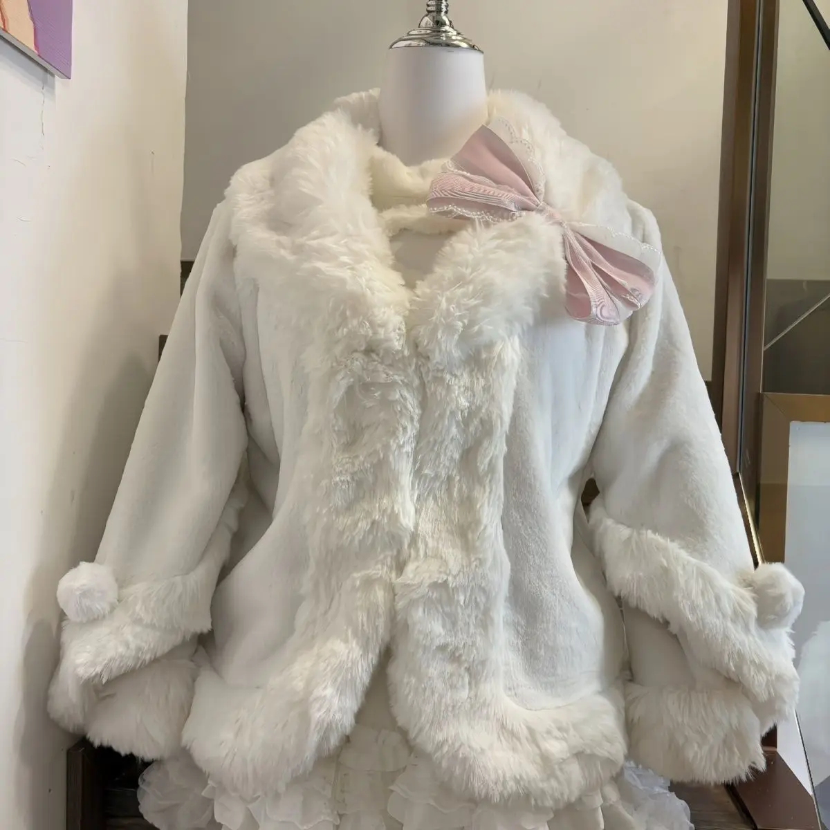 Japanese Sweet Lolita Faux Fur Coat Y2K Plush Short Top with Pink Bow Ruffle Cuff Cape Coat Kawaii Winter Wear with Lolita Skirt