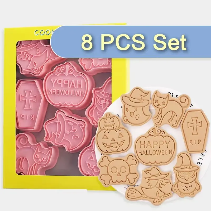 Halloween Cookies Cutters Cartoon Pumpkin Pressable Biscuit Mold Plastic Confectionery Fondant Cookie Stamp Baking Pastry Tools