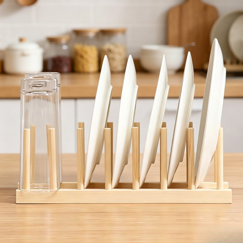  2024 DIY Bamboo Dish Drain Rack, Wooden Plate Holder & Kitchen Organizer for Plates, Cutting Boards, Cups, Pot Lids 