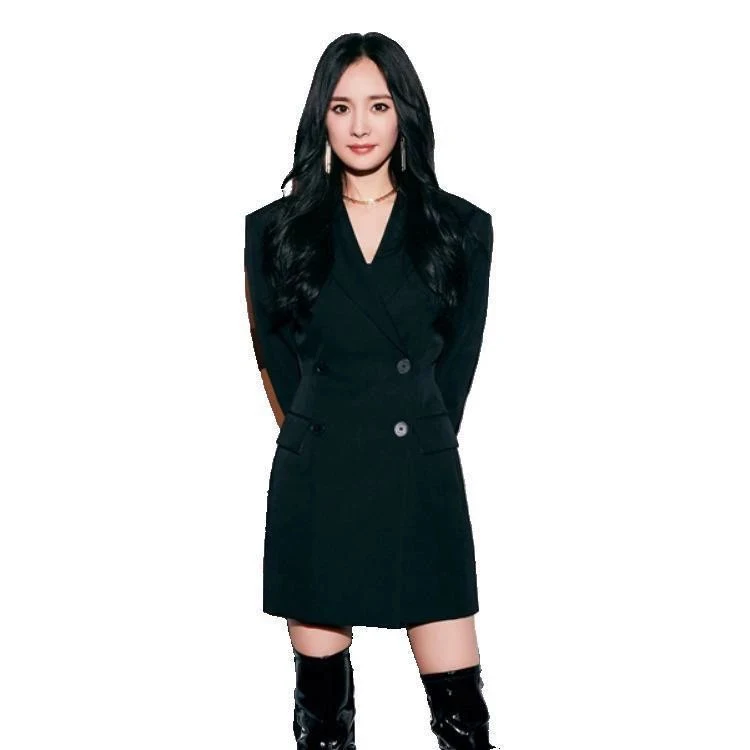 

Модное черное пальто средней длины с зауженной талией для женщин, профессиональный деловой костюм, верхняя одежда для осени