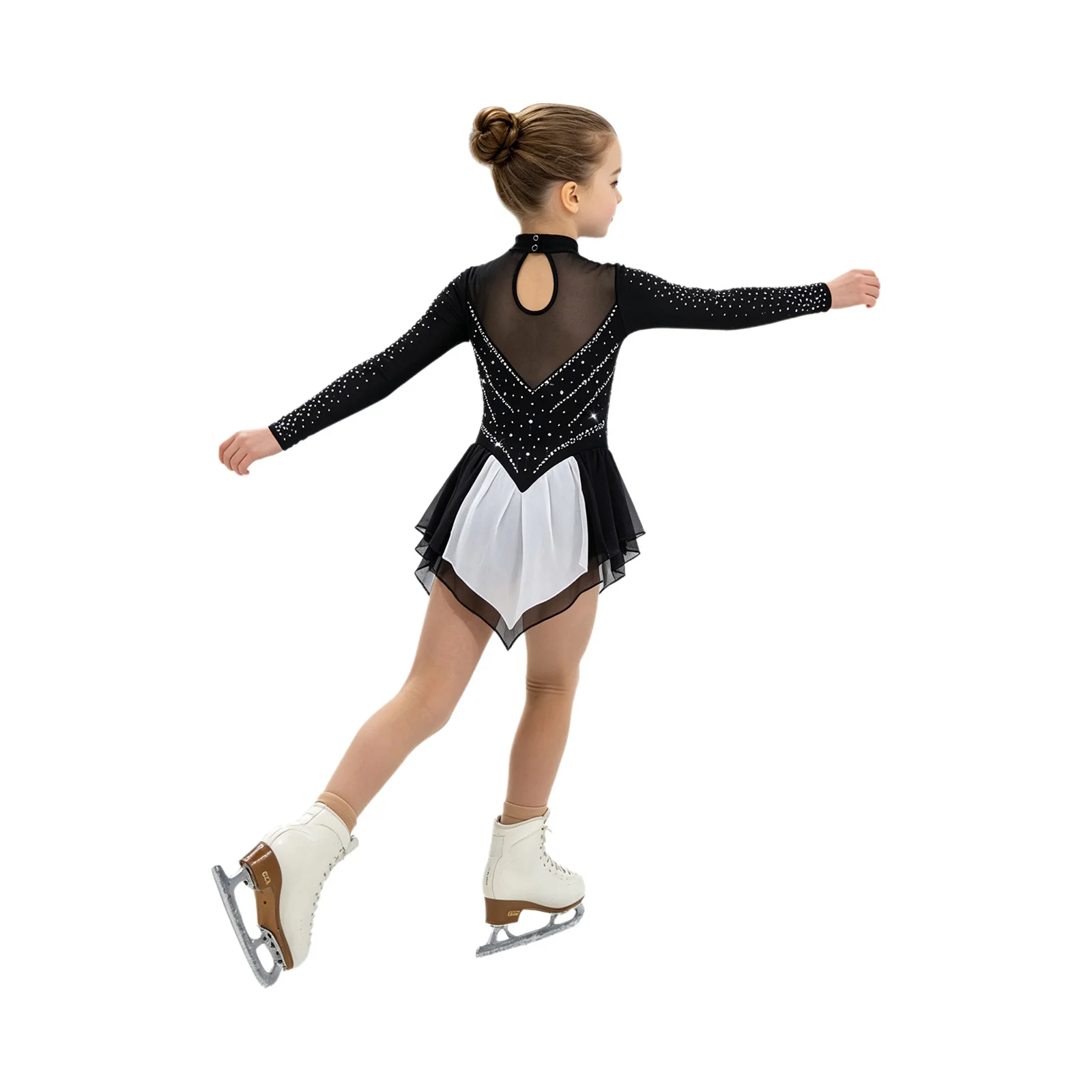 Children Girls Figure Skating Rhythmic Gymnastics Costume Long Sleeve Mesh Shiny Rhinestone Lyrical Ballet Dance Dress Leotards