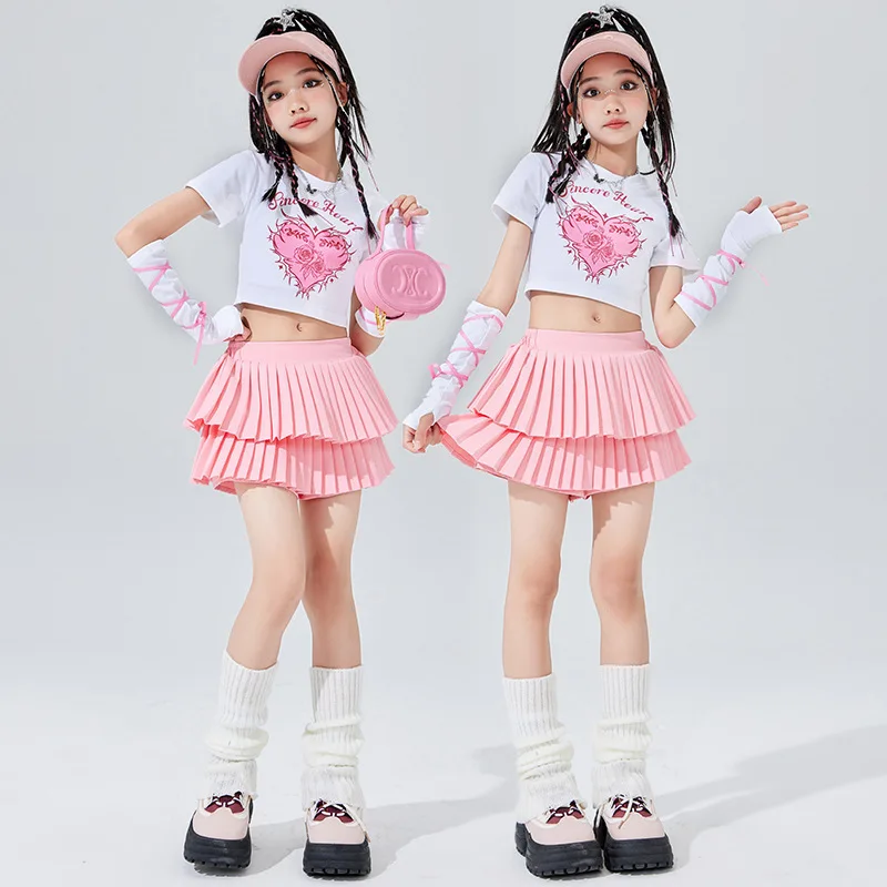 Hip Hop Chic Clothing for Boys, Short Sleeve Shirt with Pink Print, Sleeveless Plaid Skirt in White Layers for Girls, Dress  123