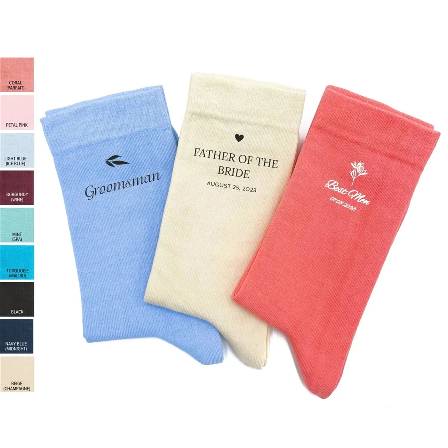 Nombre de los calcetines de padrino de boda, calcetines de fecha de boda, calcetín impreso personalizado, calcetín de padrino de boda, calcetines de novio color beige champán, paseo especial S