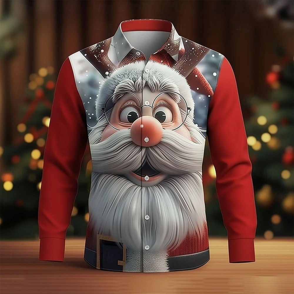 Autumn Men Christmas Long Sleeved Shirt Men's Santa Claus Snowflake Funny Shirt Button Up Shirt Long Sleeve Funny Christmas Gift