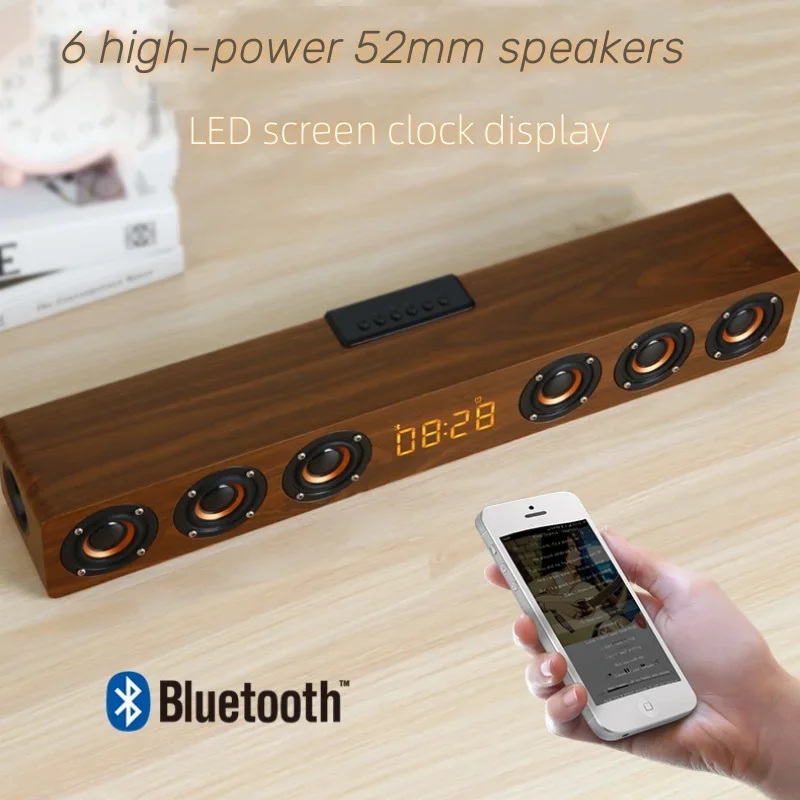 

Time Display Wooden Wireless Caixa De Som Bluetooth Speaker 6 Speakers HIFI Home Theater TV Soundbar Echo Wall Portable Boombox