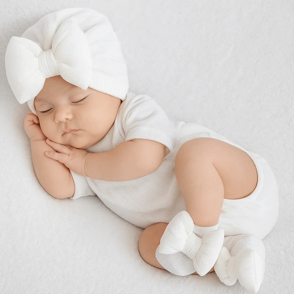 

3Pcs/Set Cute Bow Baby Hat Socks Set 0-12 Months Cotton Baby Fetal Cap Windproof Elastic Newborn Turban Hat Toddler