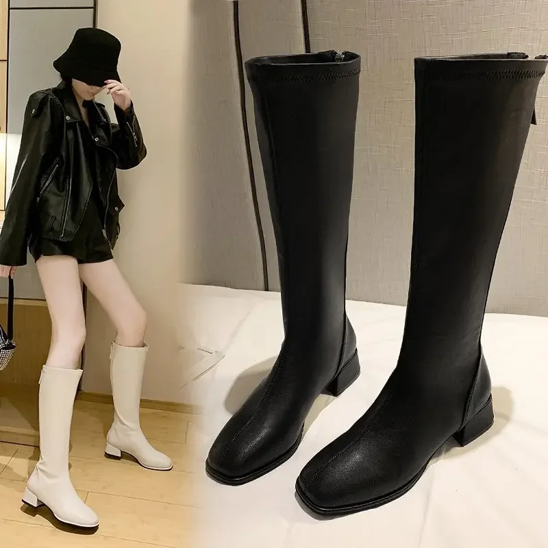 Comemore Large Size 43 Thick Low Heel Knight Knee Boots Women Elegant Shoes Plush White Autumn Winter 2023 New Leather Long Boot