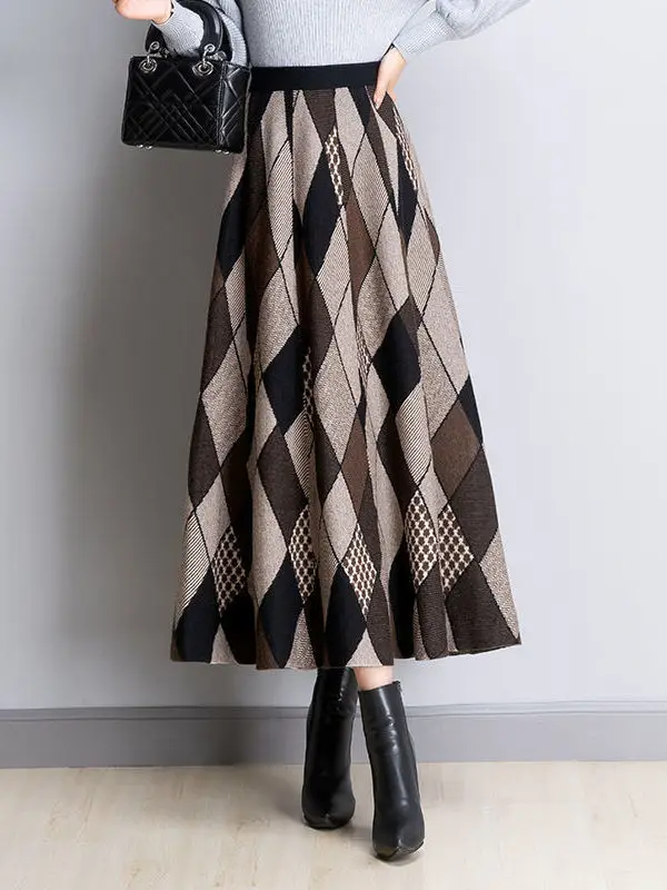 

Женская вязаная юбка в клетку с высокой талией, миди, летняя, модная