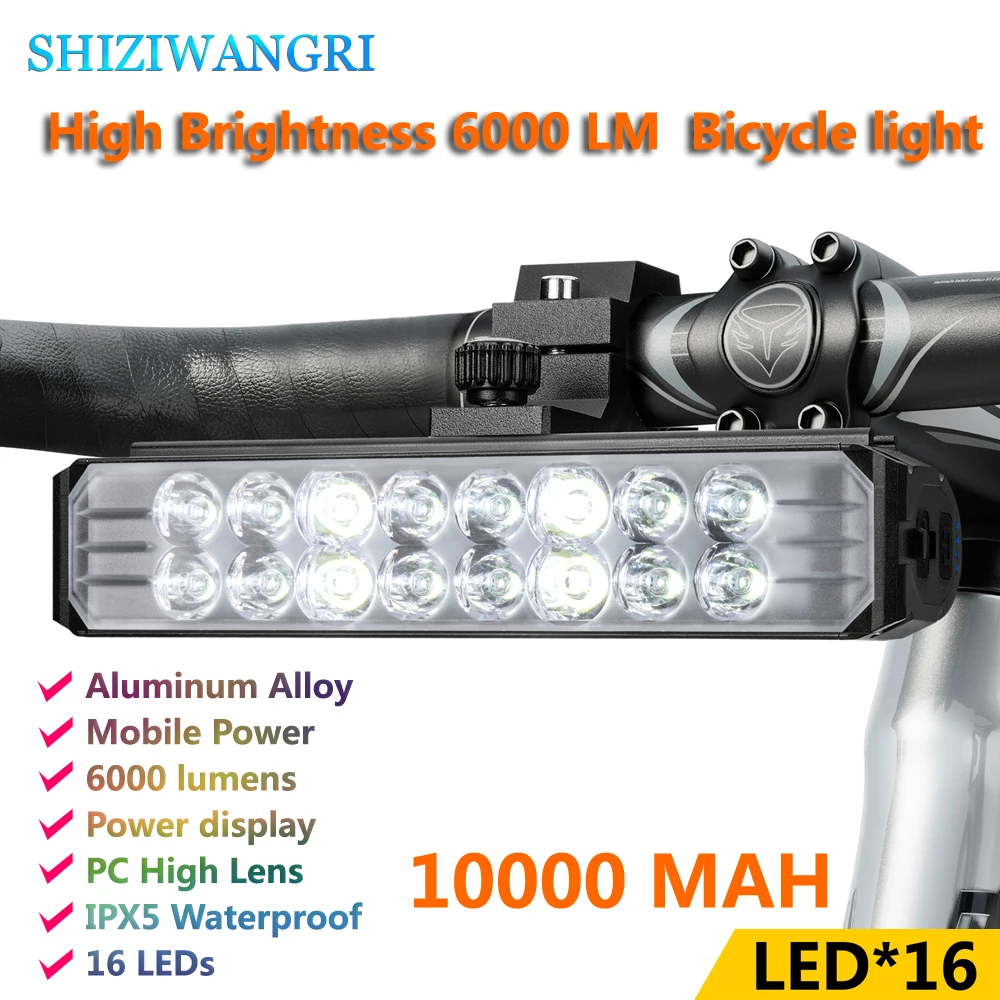 6000LM Bicycle Light 10000mAh 16 LED Bike Light Front Rechargeable LED Flashlight  Headlight with Power Bank Bicycle Accessories